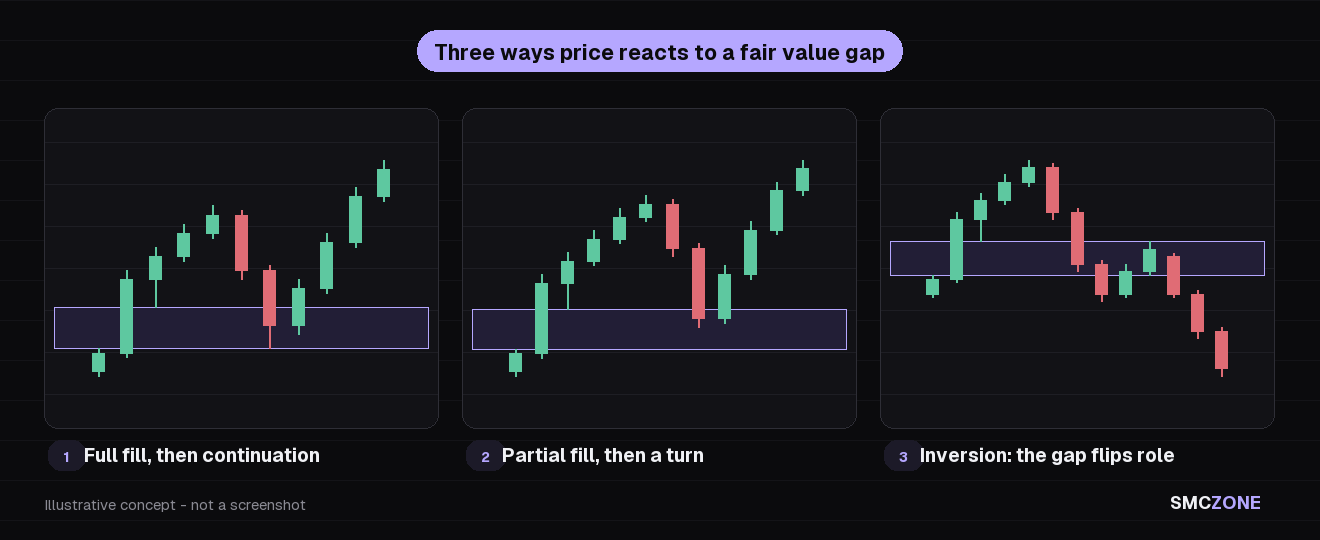 Three panels showing how price reacts to a fair value gap: full fill and continuation, partial fill and reversal from inside the zone, and an inversion where price closes through the gap and it becomes resistance