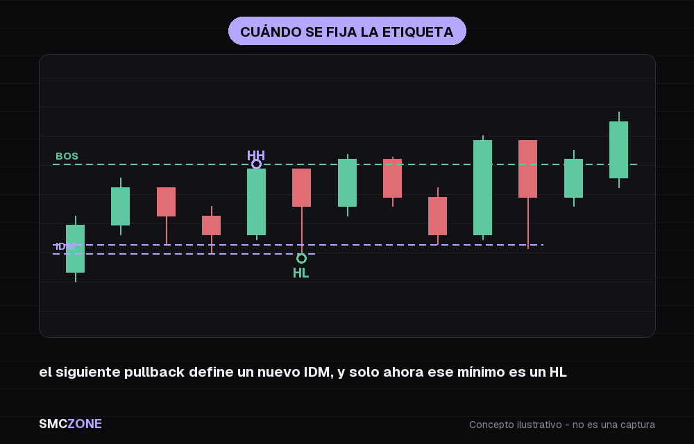 Secuencia animada: el nivel del inducement queda armado, el precio lo toma con una mecha, la etiqueta de higher high se fija en el pico anterior, y tras un cierre de cuerpo más allá de ese pico se fija el higher low