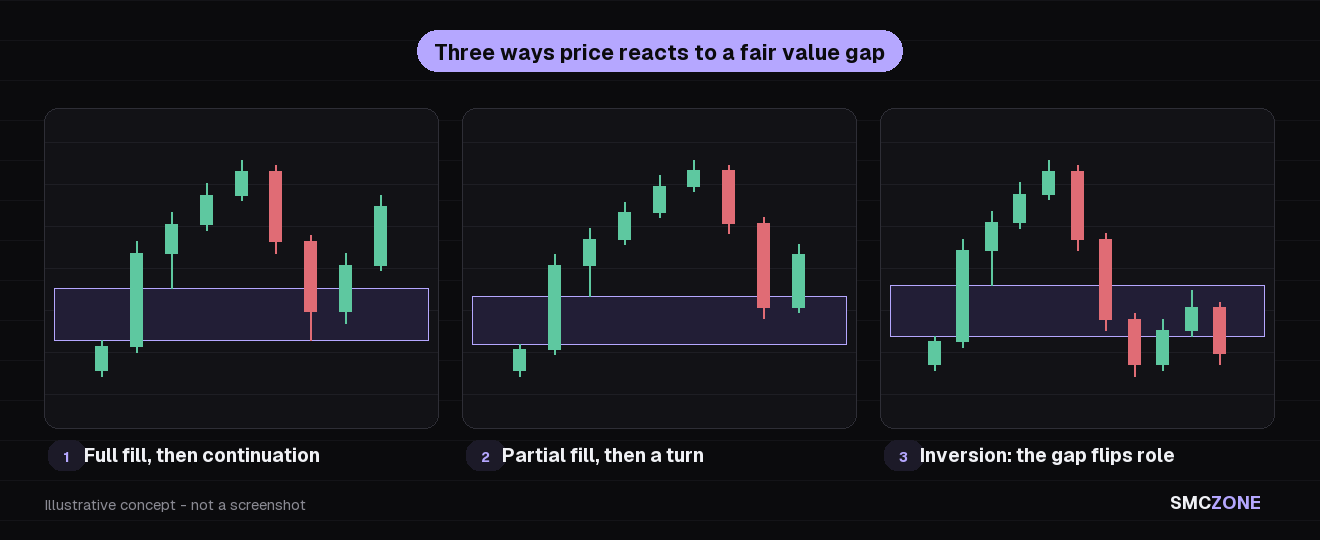 Three panels showing how price reacts to a fair value gap: full fill and continuation, partial fill and reversal from inside the zone, and an inversion where price closes through the gap and it becomes resistance