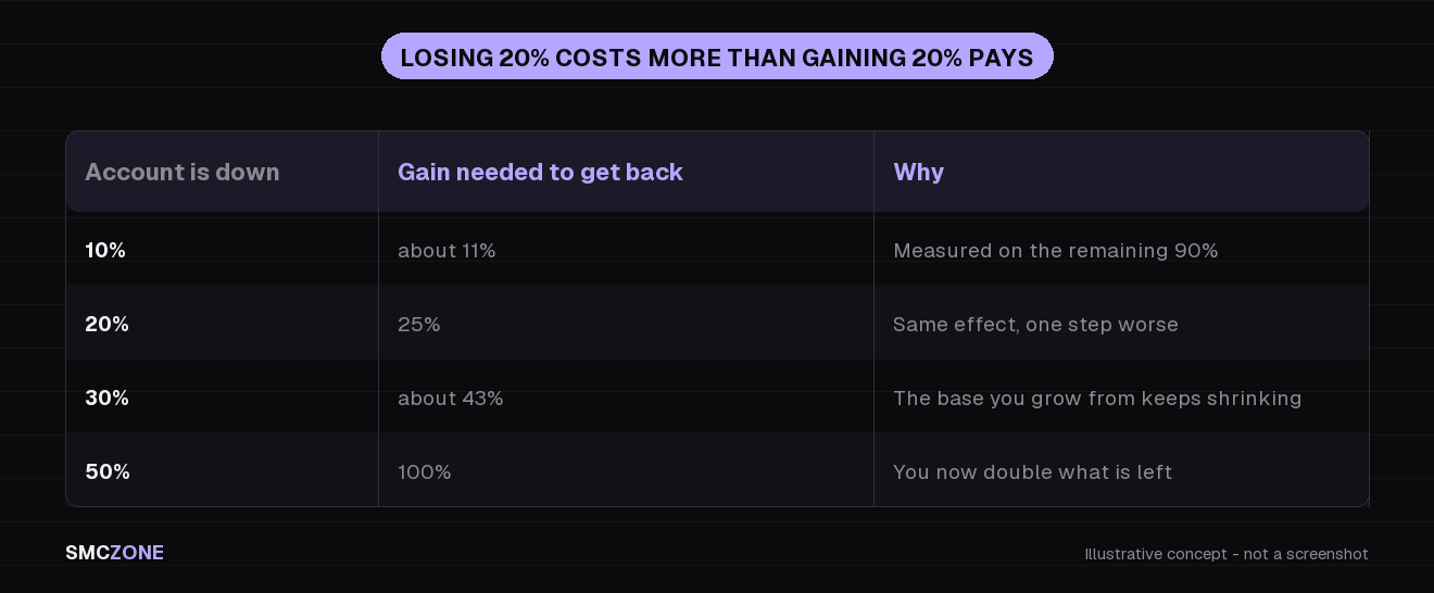 Table showing that recovering a loss requires a larger percentage gain than the loss itself: 10 percent down needs about 11 percent up, 20 needs 25, 30 needs 43 and 50 needs 100