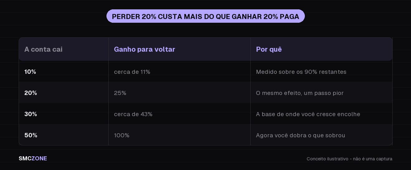 Tabela mostrando que recuperar uma perda exige um ganho percentual maior do que a própria perda: 10 por cento abaixo exige cerca de 11 acima, 20 exige 25, 30 exige 43 e 50 exige 100