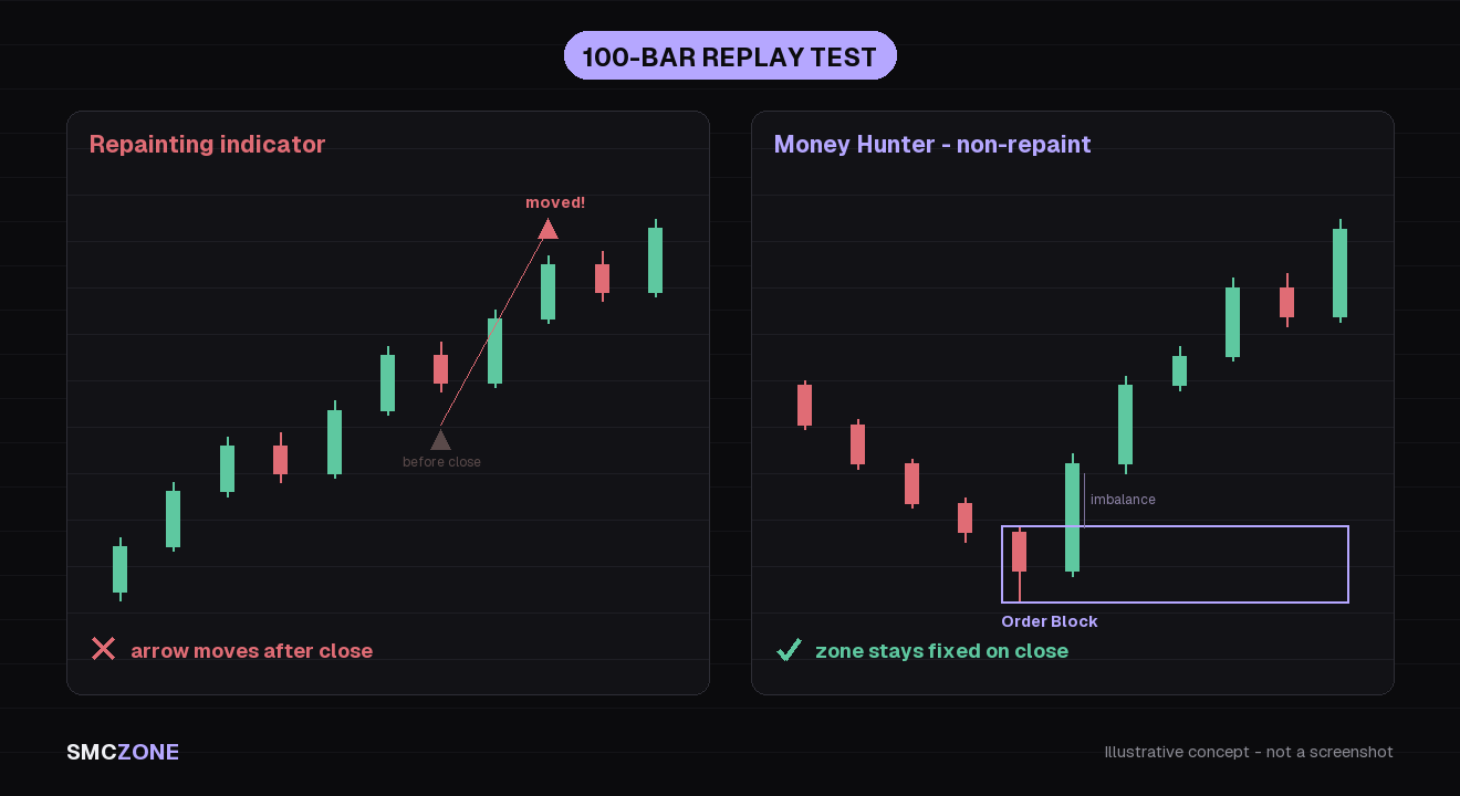 Side-by-side TradingView Bar Replay: a repainting arrow shifting versus a fixed Money Hunter order block