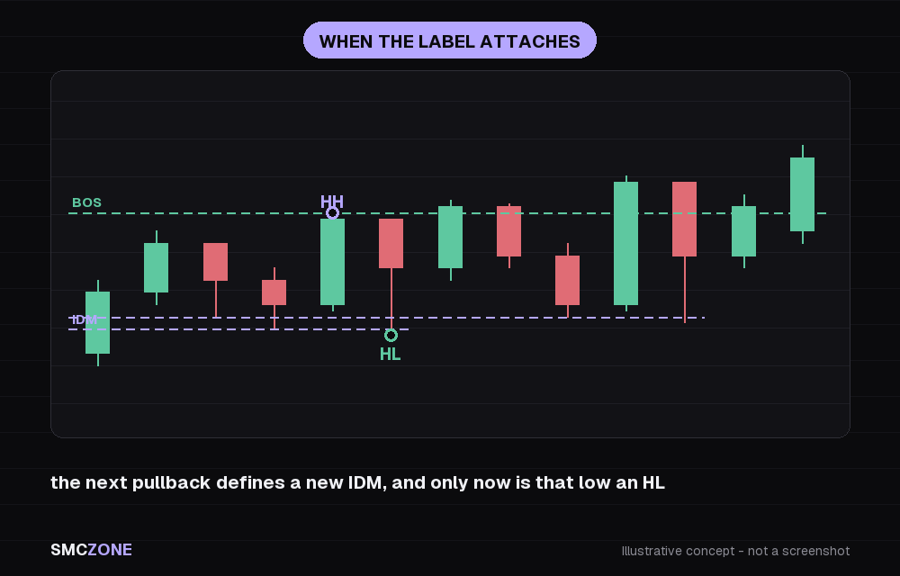 Animated sequence: the inducement level is armed, price takes it with a wick, the higher-high label attaches to the peak behind, and after a body close beyond that peak the higher low attaches